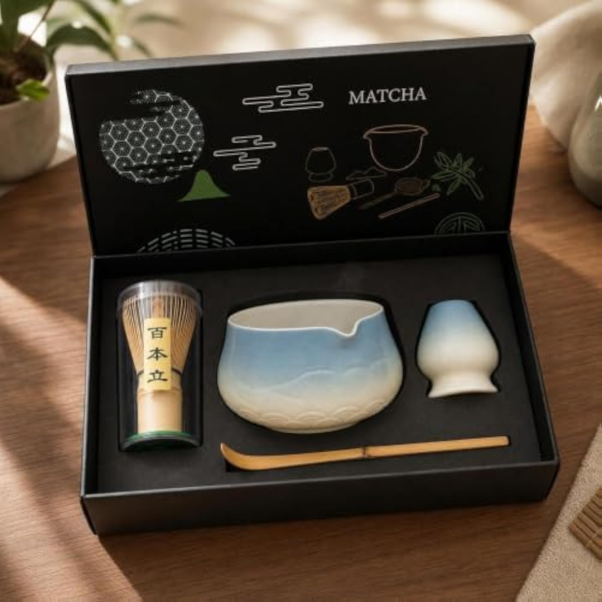Japanese Style Ceramic Matcha Tea Set with Mountain and Water Pattern Bowl