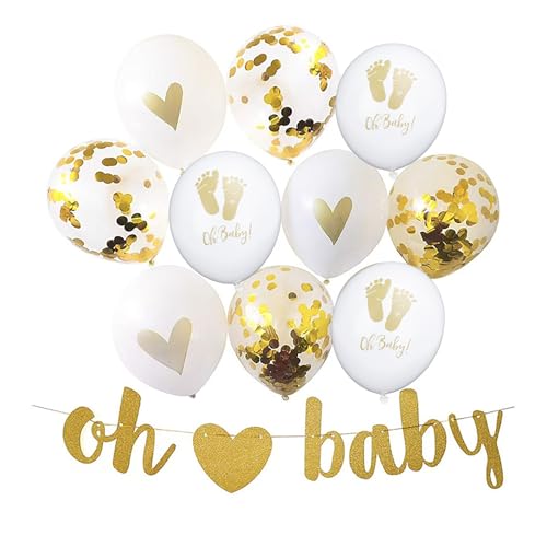 Fesnova Babyparty Deko Set,Weiße und Goldene Luftballons und Banner mit Oh Baby Schriftzug,Baby Shower Deko Konfetti-Ballons und Herz-Design, Girlande für Babyparty Deko Mädchen,erster Geburtstag