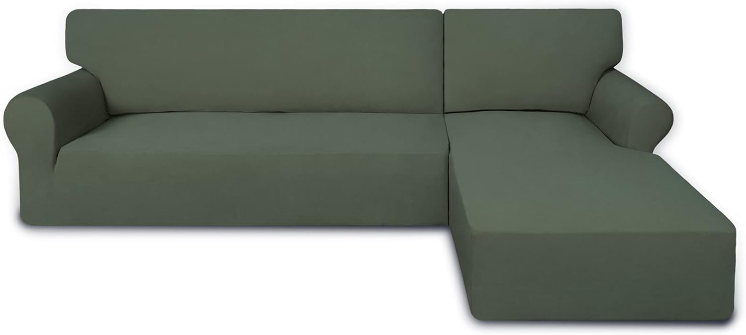 PureFit Super Stretch Sectional Couch Covers - 2 pcs Spandex Non Slip Sofa Covers with Elastic Bottom for L Shape Sectional Sofa, Great for Kids & Pets (3 Seat Sofa + 3 Seat Chaise, Greyish Green) 3 Seat Sofa + 3 Seat Chaise Greyish Green