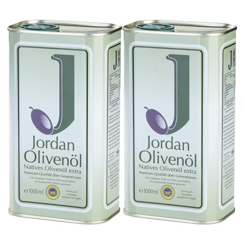 Jordan Olivenöl - Natives Olivenöl Extra von der griechischen Insel Lesbos-traditionelle Handernte -Kaltextraktion am Tag der Ernte -Kanister im traditionellen Retro-Design mit Ausgießer,1l (2er Pack)