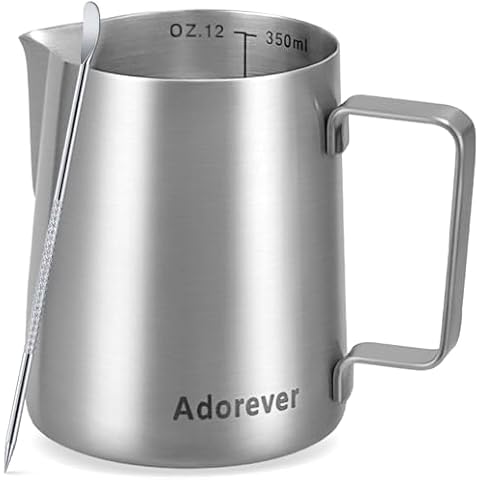 Adorever Milk Frothing Pitcher, 12oz Stainless Steel Milk Frother Cup Steaming Pitcher, Cappuccino Espresso Accessories Coffee Bar Barista Tools, Steamer Cup Milk Jug with Latte Art Pen, Matte Steel Cover