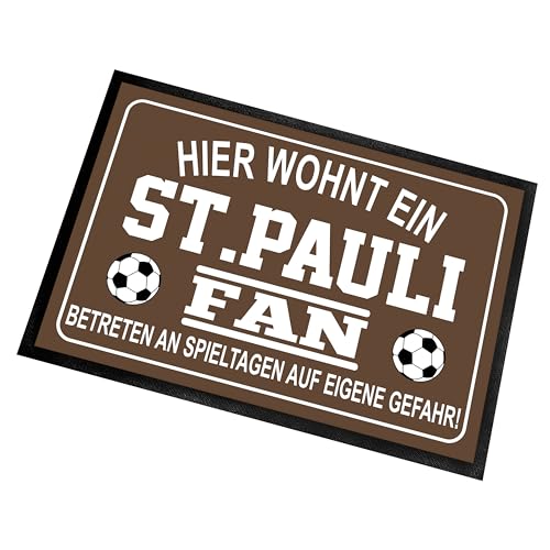 Fußmatte für Fußball Fans | Türmatte mit Spruch | 60x40cm | Hier wohnt ein St. Pauli Fan - Betreten an Spieltagen auf eigene Gefahr! | für innen und außen | Vorleger für die Haustür / Flur