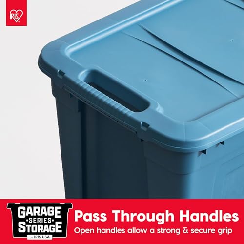 Image of IRIS USA 31 Gallon Eco-Friendly Heavy Duty Storage Totes with Easy-Grip Handles, 8 Pack - Large Bins with Lids Garage Organizing Tubs, Durable Stackable Utility Containers, Made in USA - Navy