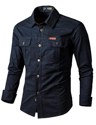 Kinkia Men's Slim-Fit Long Sleeve Work Shirt Lightweight Cotton Cargo Jacket with Pocket