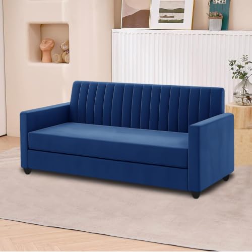 Image of 3+2 Fabric Sofa Set with Ottoman for Living Room | Modern 5-Seater Sofa Couch | with Soft Cushion, Premium Velvet Fabric-Blue