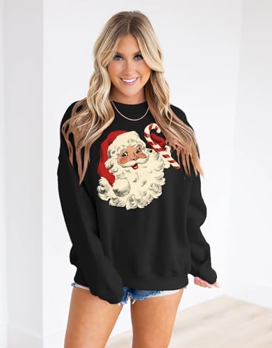 MAPICK Christmas Crewneck Sweatshirt Cute Santa Claus Oversized Fleece Linend Sweaters Long Sleeve Warm Comfy Shirts(Black,Medium) — view 2