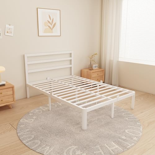 HQU 14 Inch Queen Bed Frames, Metal Bed Frame with Head Board, No Box Spring Needed, Heavy Duty Steel, Anti-Slip Mattress Stoppers, Noise Free, Round Corner Legs, Easy Assembly, White