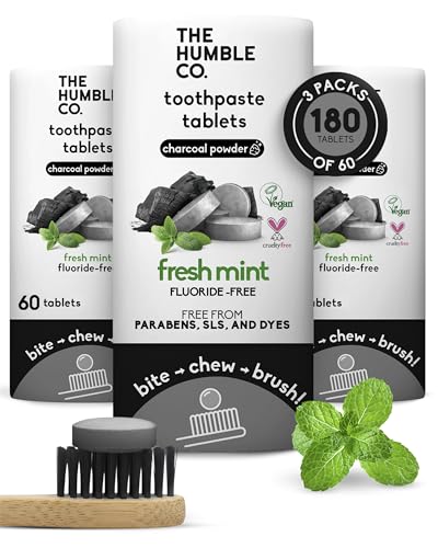 The Humble Co Fluoride-Free Chewable Toothpaste Tablets, Charcoal - Bite, Chew, Brush - Zero Water & Plastic Free Toothpaste Tabs - Travel-Friendly & Waste-Free Dental Oral Care Hygiene - 180 Count