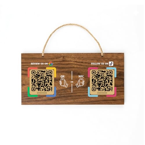 NFC Google Review Sign for Business with QR Code, Tap to Review or Follow Social Media, Facebook Instagram TikTok Website Link, Rewritable NFC Business Sign, No App Required, No Monthly Fee(GG+TK)