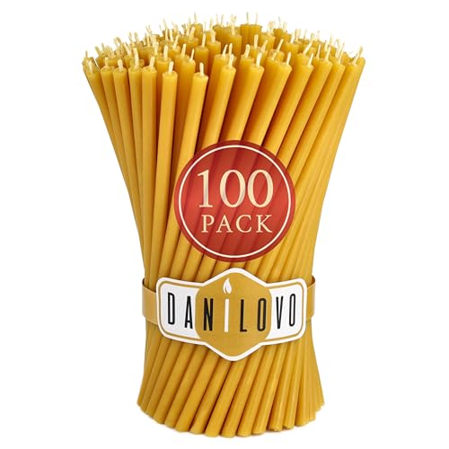 Danilovo Velas de Cera de Abeja pura, Velas Naturales para Oración de la Iglesia, Rituales, Meditación, Decoración de Tartas de Cumpleaños, 18,5 cm de largo, 100 Unidades (Amarillo)