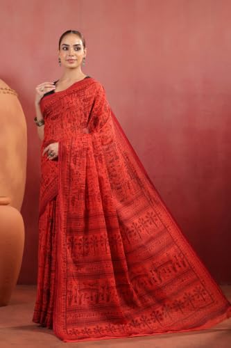 Image of TAMAIRA FASHION Off White Mulmul Pure Cotton Saree For Woman Warli Printed|Office Wear Daily Wear Sarees For Women Without Blouse Piece (Available in 21 Colours)