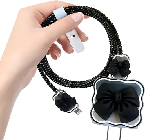Image of skysia Bow Charger Protector for 18W 20W iPhone Chargers - Silicone Cable Saver Sleeve | Protective Cute 3D Cartoon Cover | USB Adapter Guard & Wire| Wrap Charging Cord Gadgets (Combo) (Blk&PnkBow)
