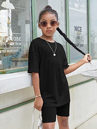 Image of Floerns Girls Rib Knit Short Sleeve T Shirt with Biker Shorts Set 2 Piece Outfit