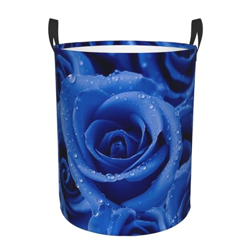 blue Rose print Circular Hamper Waterproof Storage Bin Organizer Basket Laundry Hamper With Handles For Clothes Toys Small