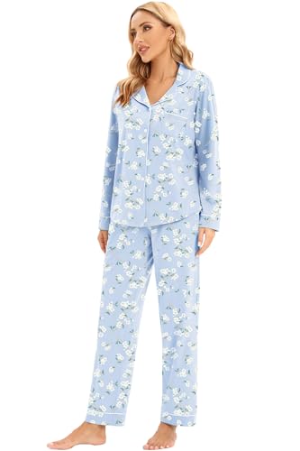 Image of LUBOT 100% Cotton Pajamas for Women Pajama Set Soft 2 Piece Sleepwear PJ Set Long Sleeve Knit Button Cozy Loungewear XS-XXL