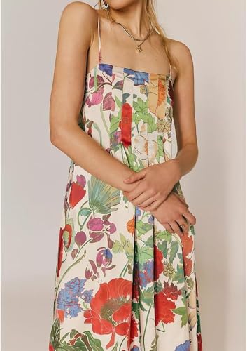 Image of Women Floral Maxi Dress Spaghetti Straps V Neck Lace Patchwork Flowy Tiered Boho Beach Sundress Long Dresses