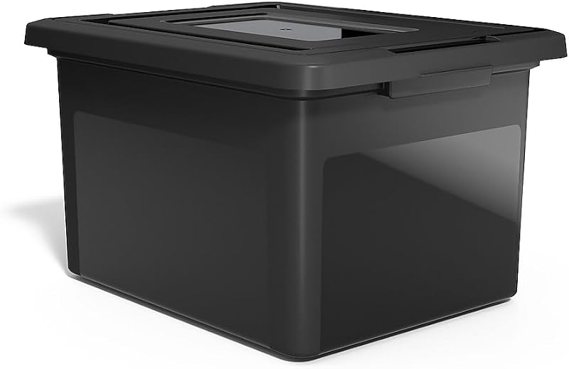 Hanging File Folder Box, Storage Bin Organizer, Snap Lid | Black bin keeps letter and legal size documents organized and accessible.