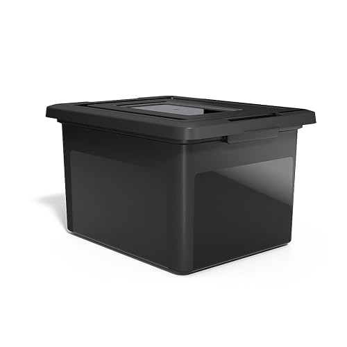 Staples Hanging File Folder Box, Storage Bin Organizer, Snap Lid | Black bin keeps letter and legal size documents organized and accessible.