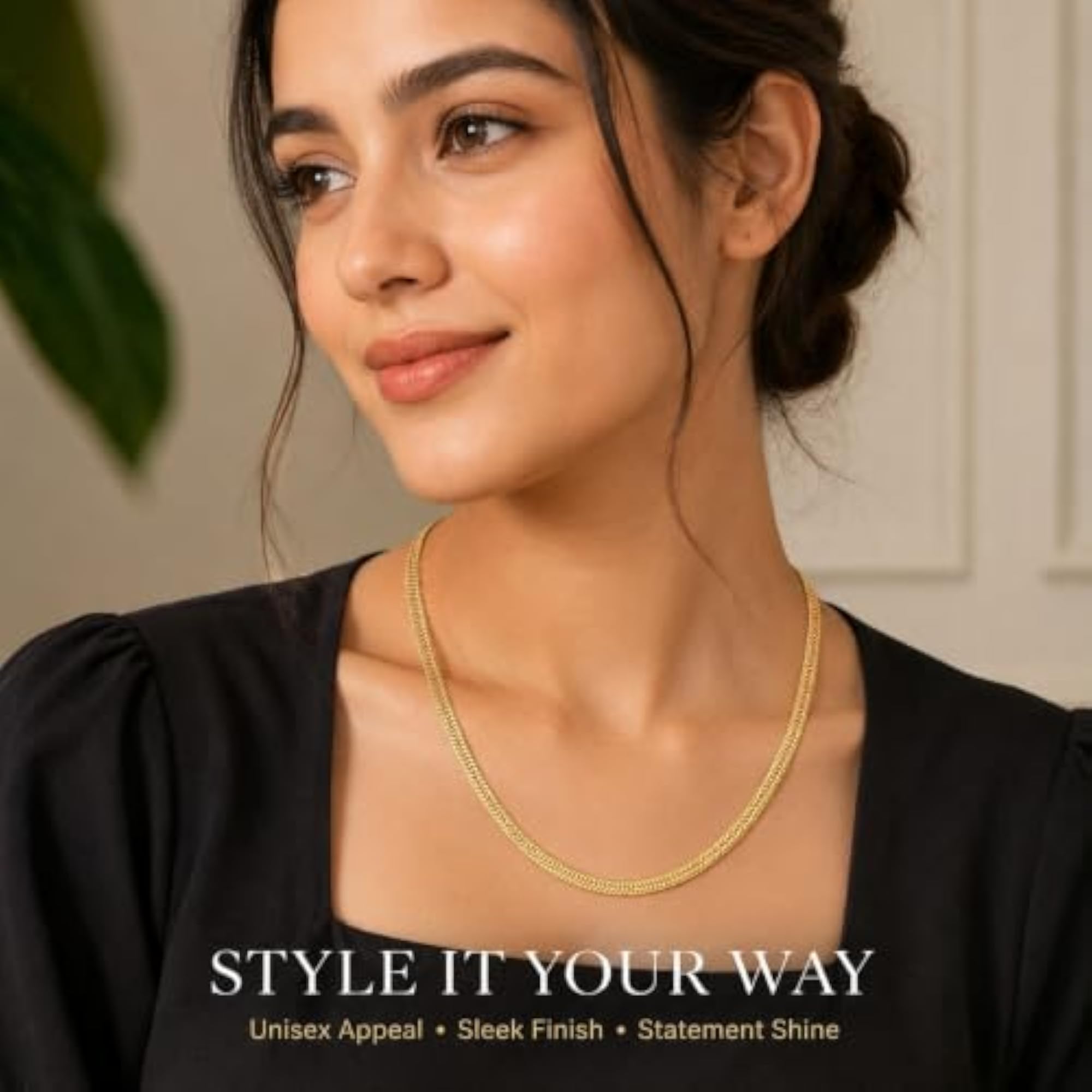 Gold Tone Textured Chain Necklace for Men & Women, Unisex