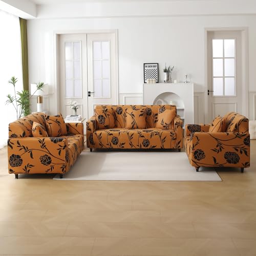 Image of HOKIPO 'Elira Series' Stretchable Cushion Cover for Sofa 22x22 Inch, Packof 2, Copper Brown Floral (AR-6712-C8*2)