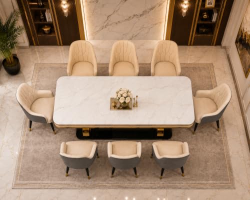 Image of 8-Seater Dining Table with Nano Composite Marble Top and PVC Golden Wooden Base |2yr Warranty - Includes 8 Fabric Upholstered Chairs