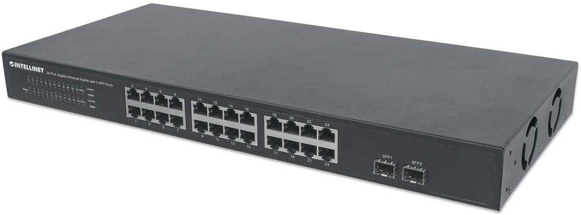 Intellinet 24 Port Gigabit Ethernet Switch with 2 SFP Ports  Unmanaged - Rackmount / Desktop, Fanless & Quiet, Sturdy Metal, 52 Gbps Switch Fabric  3 Yr Mfg Warranty - 561044