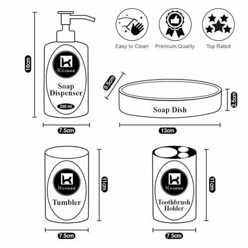 Image of Kookee Acrylic Bathroom Set - Stylish 4 Piece Bath Accessories Kit with Soap Dispenser, Toothbrush Holder, Tumbler & Soap Dish - Modern & Designer Decor for Home & Guest Bathrooms (10048)
