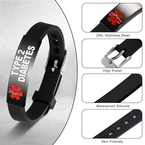 UNICGIFT Medical Alert Bracelet Pre-Engraved TYPE 2 DIABETES Identification Wristband for Women Adjustable Band Security Clasp Stainless Steel by UNICGIFT - Image 3