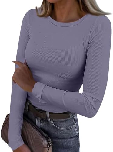 Going Out Tops for Women Fall Ribbed Crew Neck Shirts Long Sleeve Lightweight Tops Winter Trendy Travel Clothes