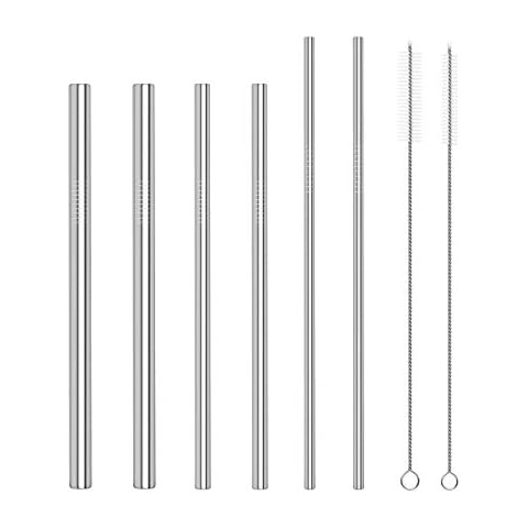 Assorted Size Metal Straws and Cleaner,2 Bubble Tea Straws Reusable and 2 Milkshake Straws Thick and 2 Thin Straws for Hot Drinks and Cold Drinks Cover