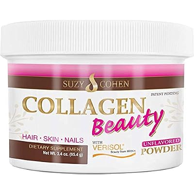 Collagen Beauty PowderTM By Suzy Cohen 3.3 oz Anti Aging Hydrolyzed Protein Collagen Powder Type I and III for Supple Skin, Shiny Hair & Strong Nails- Unflavored Powder Drink with Verisol- Made in US