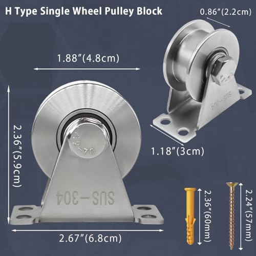 H Groove Pulley, Stainless Steel Blocks 2 Pack Super Silence Rotation Groove Wheel Pulley, for DIY Gym Equipment Handling and Moving gate wheel, with Mounting Screws and Expansion Pipes (H-Type 2Pack) - Thumbnail 2