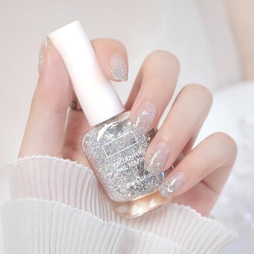 Glitter Silver Nail Polish, Quick Dry Long Lasting Shimmer Nail Varnish, Natural Peel off Water Based Formula No UV Needed Nail Paint Art Manicure Gifts for Women Girls DIY Home(10ml)