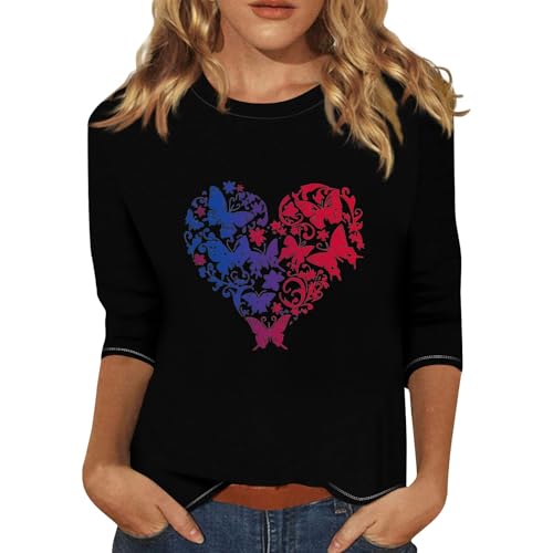 Womens 250th Anniversary USA 3/4 Sleeve Blouse America 250 Round Neck Tops Casual Patriotic Flag Printed Shirts