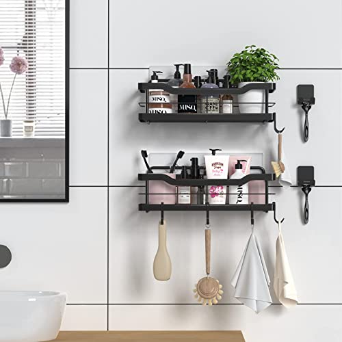 Carwiner Shower Caddy Bathroom Shelf 2-Pack, Basket With 8 Hooks For Hanging Shampoo Conditioner, Stainless Steel Rack Wall Mounted Storage Organizer For Kitchen, No Drilling (Black) #TOP2