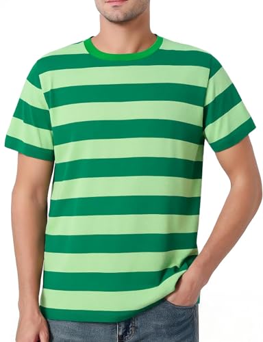 COSAVOROCK Mens Striped T Shirt Short Sleeved Green Crewneck T-Shirts L