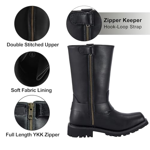 Dream Apparel Men's 12" Harness Motorcycle Riding Boots for Biker, Square Toe Knee High Boots with Full Length Side Zipper, Black PU Leather Mid Calf Footwear3