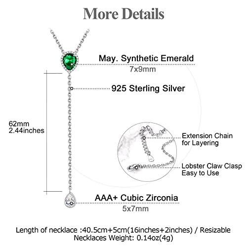 Focalook 925 Sterling Silver Cz Teardrop Lariat Necklace 16"-18" Y Drop Adjustable May Birthstone Synthetic Emerald Necklaces For Women #TOP3