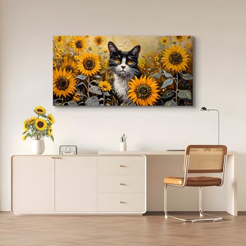 SERIMINO Large Wall Art for Living Room, Sunflower Cat Modern Home Decor Canvas Prints, Flower Field Landscape Pictures Wall Decor, Cute Animal Dining Room Bathroom Office Decor Paintings 24"X48"