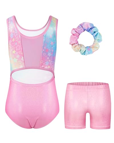 Surgoal Gymnastics Leotards for Girls with Short Sleeveless Sparkle Ballet Dance Unitard Gymnastics Athletic Outfit 3Pcs for Kids 6-7 Years