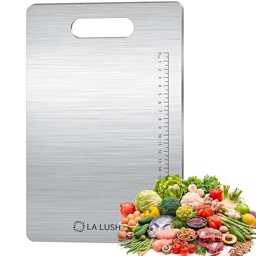 Image of LA LUSH Titanium Cutting Board, 316 Grade Stainless Steel Chopping Board with built-in scale for Vegetable, Fruit, Meat. Double Sided Medical-grade Hygiene Durable non moldy ستانلس ستيل تقطيع