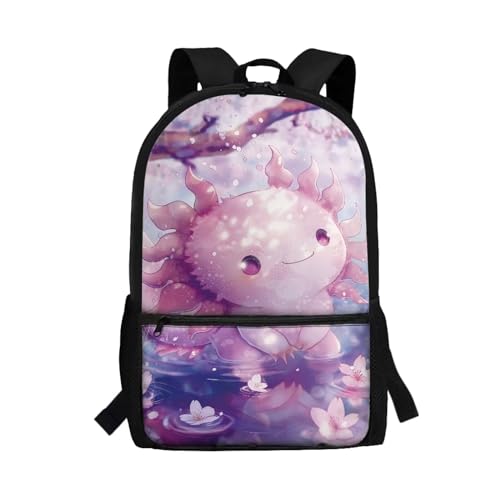 HUGS IDEA Kid's School Backpack Cherry Blossom Axolotl School Bookbag for Teens Girls Lightweight Middle School Back Pack Daypack