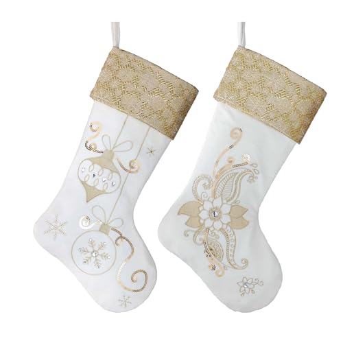 Valery Madelyn 21 Inches Christmas Stockings Decorations, 2 Pack White and Gold Stockings Embroidered in Gold Thread, Elegant Stocking Christmas with Name Tag for Fireplace Decor