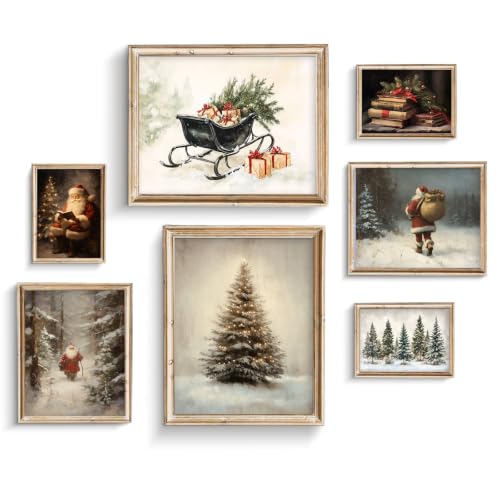 ZBJLLK Vintage Christmas Wall Art Set of 7, Santa Claus Tree Snowy Winter Gallery Prints, Premium Canvas Material & Ready to Frame, for Living Room Bedroom Fireplace Holiday Home Decor, Unframed