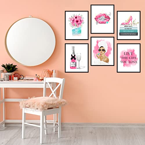 Fashion Wall Art Prints Set Of 6 Canvas Modern Famous Women Posters Fashion Wall Decor Champagne Lips Books High Heels Perfume Pictures Photos For Room (8"X10" Unframed) #TOP6