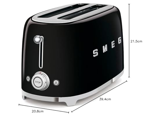 Image of Smeg Toaster, 2 Extra Wide Slot for 4 Slices, Original Italian Brand, Auto Center for Even Browning, Smart Crumb Tray, Multi-Use: Defrost, Reheat & Bagel, 6 Toast Levels, 1500W, TSF02BLEU, Black