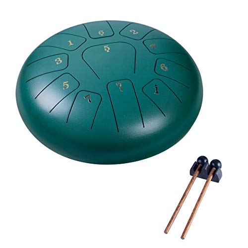 Steel Panda Drum Tank Drum Standard 11 Key 11 Notes 10 Inch Percussion Instrument with Drum Mallets and Carry Bag (10 inch, Dark Green)