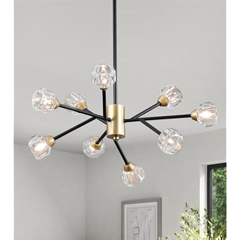 AMZASA Glass Crystal Chandelier for Dining Room, Modern Black and Gold Glass Pendant Lighting, 9 Lights Mid Century Ceiling Light Fixtures for Kitchen Island Living Room Bedroom Bar Cover