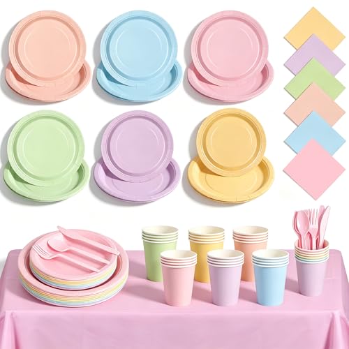 COSINIA Pastel Party Supplies for 24 Guests 169 PCS Macaron Dinnerware Set 7 Inch & 9 Inch Paper Plates 9 oz Cups 13 x 13 Inch Napkins Pink Cutlery and Pink Plastic Tablecloth