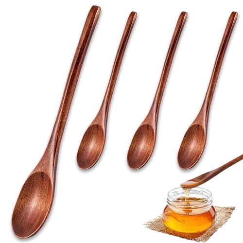 Tyqour Lot de 4 cuillères à soupe en bois - 22 cm - Longue cuillère en bois - Manche long - Cuillère à miel naturelle - Cuillères à épices en bois - Cuillères à café longues pour café, miel, thé